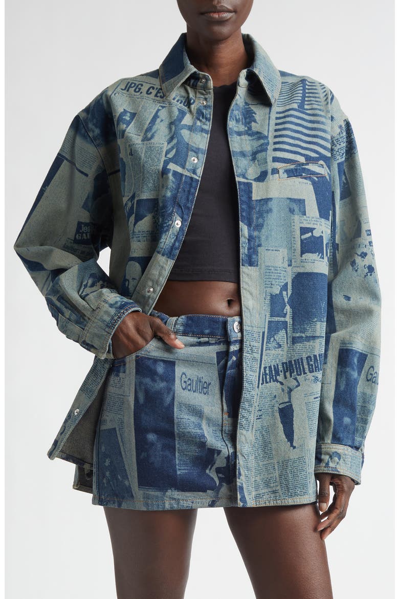 Newspaper Print Denim Button-Up Shirt, Main, color, INDIGO/ BEIGE