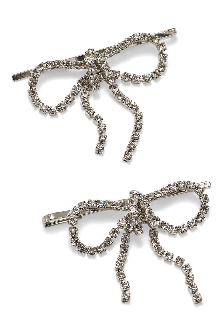 Jodie 2-Pack Crystal Bow Bobby Pins, Main, color, RHODIUM