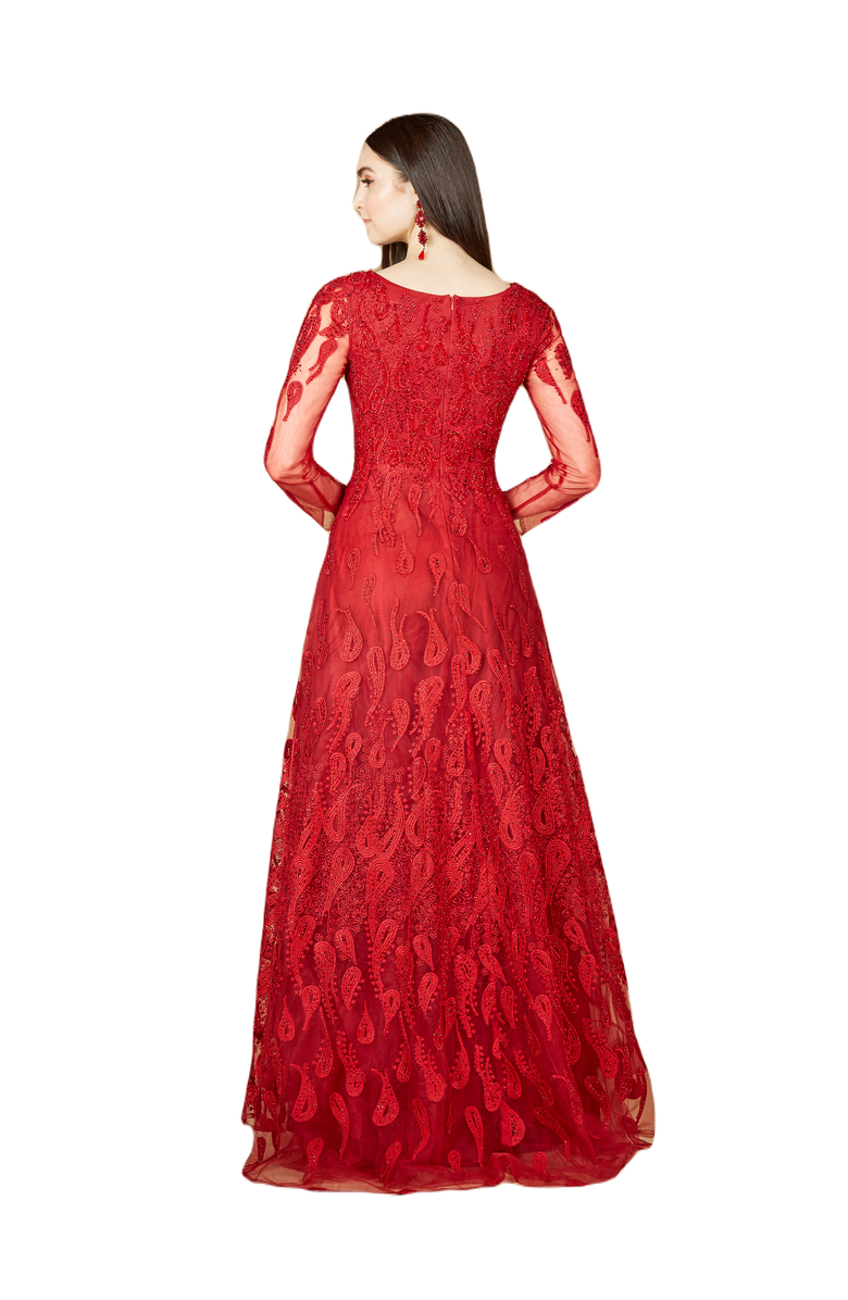 LARA New York Long Sleeve V-Neck Ballgown, Alternate, color, Red