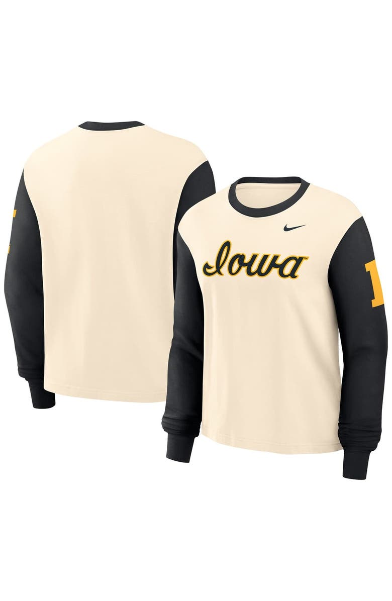 Nike Women's Nike Natural/Black Iowa Hawkeyes Color Block Boxy Long Sleeve T-Shirt, Main, color, 