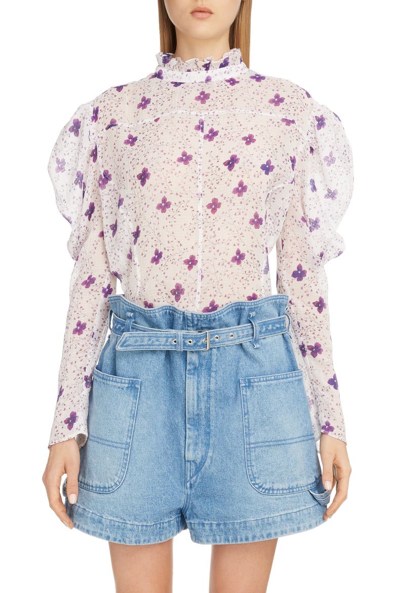 Floral Puff Shoulder Cotton & Silk Blouse, Main, color, WHITE