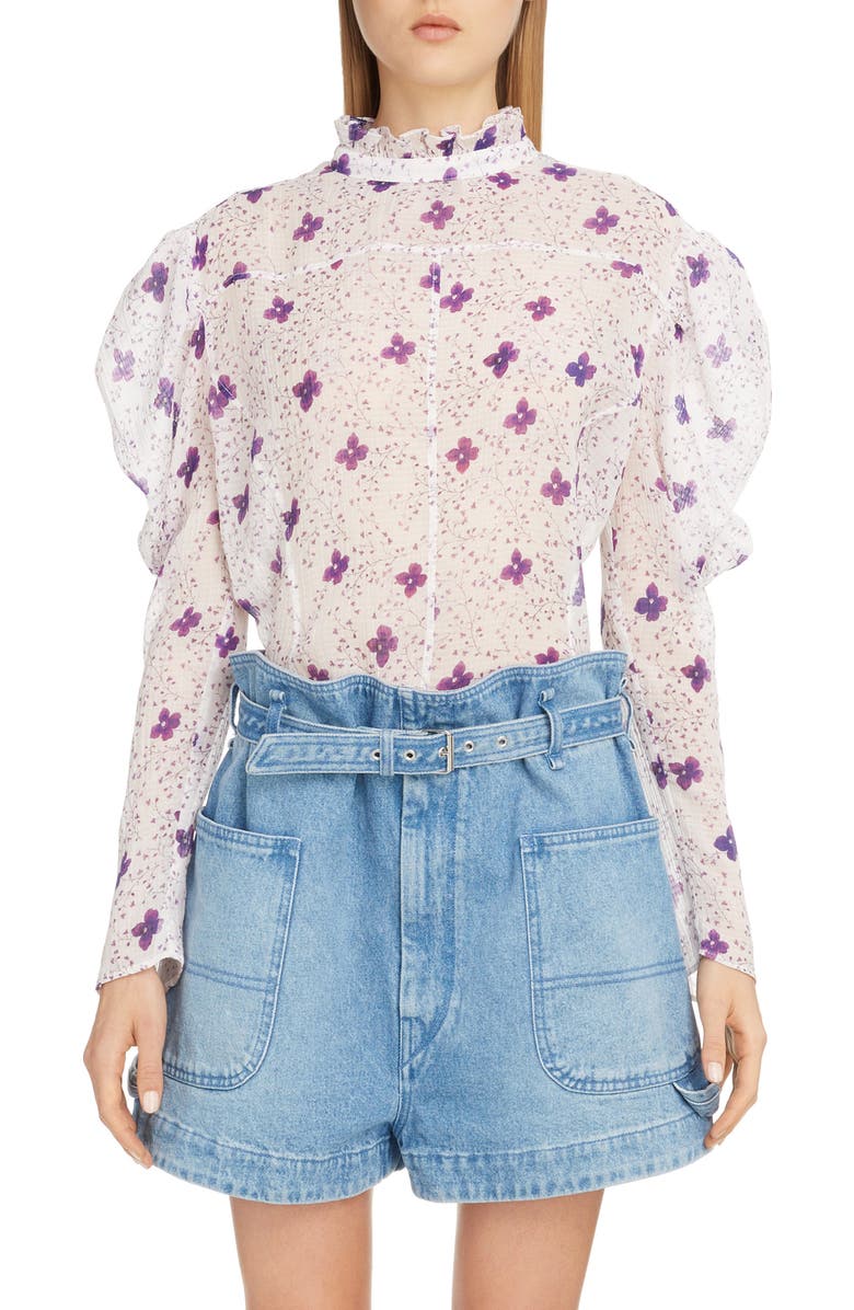 Isabel Marant Floral Puff Shoulder Cotton & Silk Blouse, Main, color,