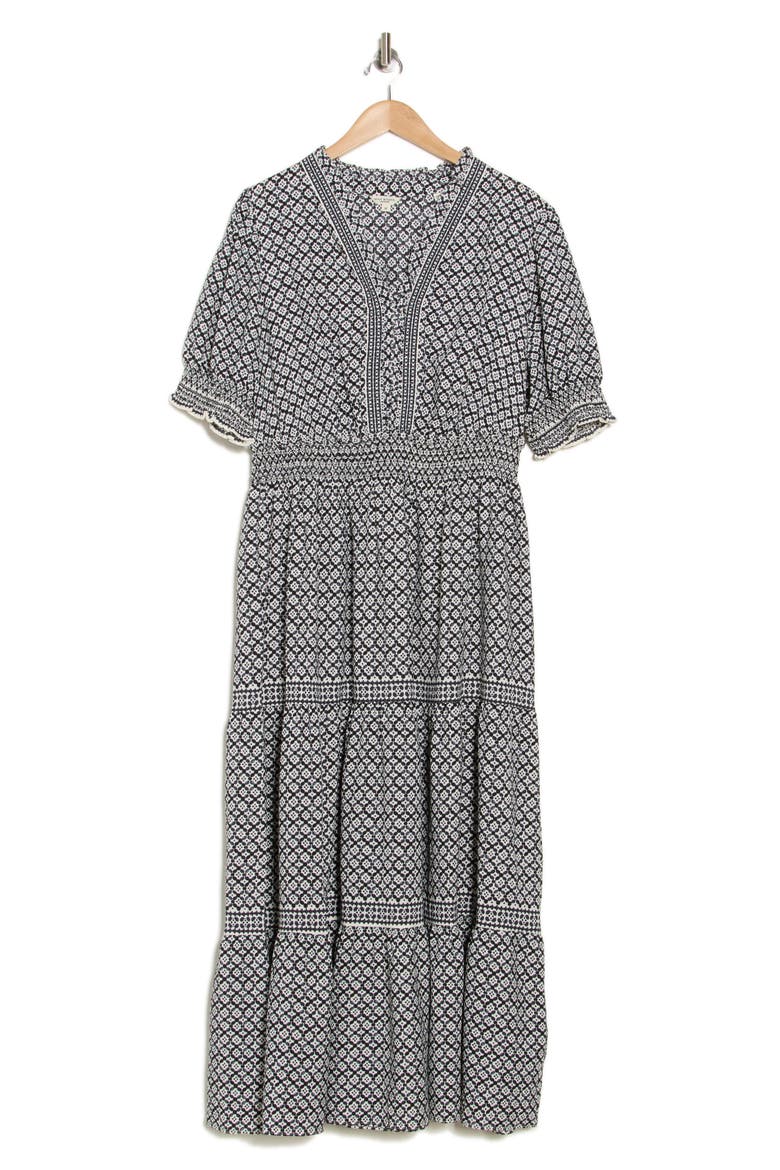 Short Sleeve Tiered Maxi Dress, Alternate, color, BLACK/ CREAM CHAINMAIL GEO
