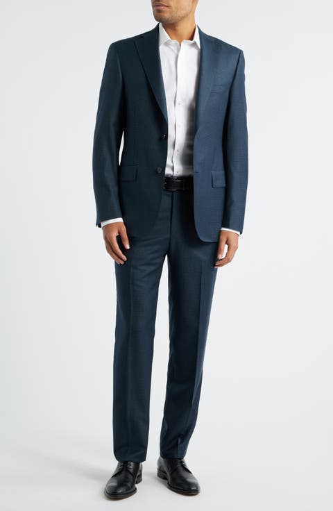 Milano Contemporary Fit Dark Teal Microcheck Super 130s Wool Suit (Regular & Big)