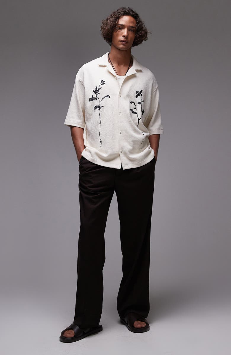 Topman Embroidered Boxy Cotton Blend Button-Up Shirt, Alternate, color, Cream