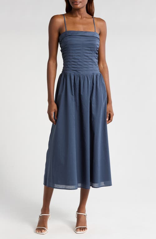 Wayf Olivia Pleated Bodice Convertible Strapless Cotton Midi Dress In Stone Blue