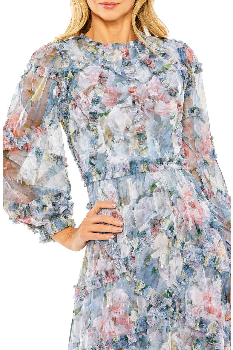 Floral Long Sleeve High Neck Ruffle Detail Gown, Alternate, color, PLATINUM MULTI