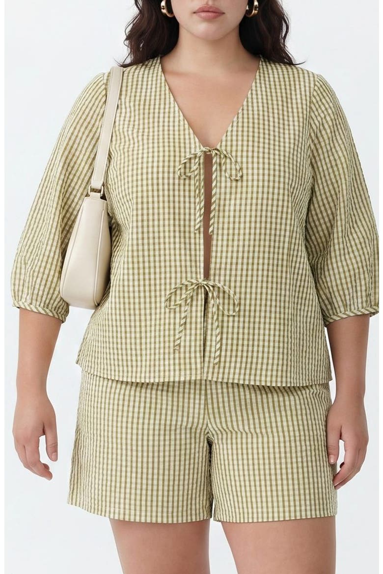 Gingham Tie Front Top, Main, color, FOG GREEN W/ WILLOW CHECKS
