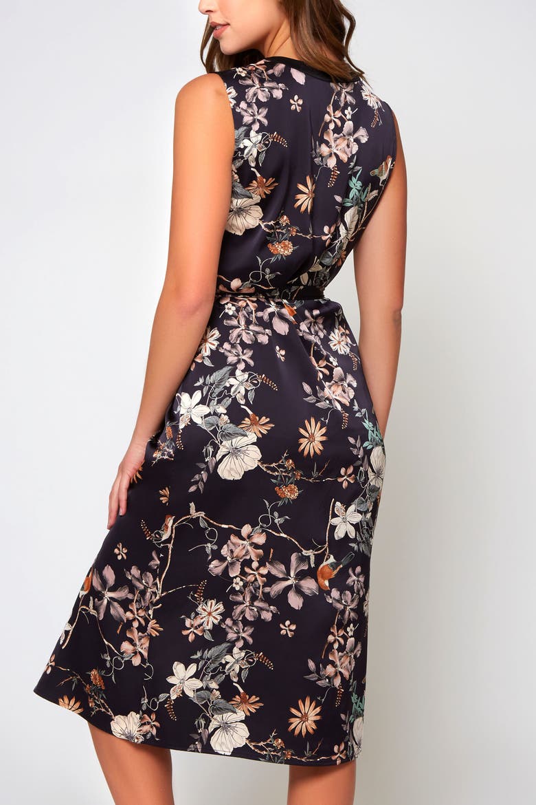 Floral Print Stretch Satin Dress, Alternate, color, Black