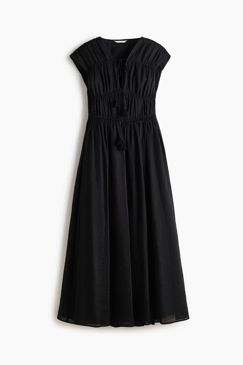 Drawstring-detail Ramie Dress, Main, color, Black
