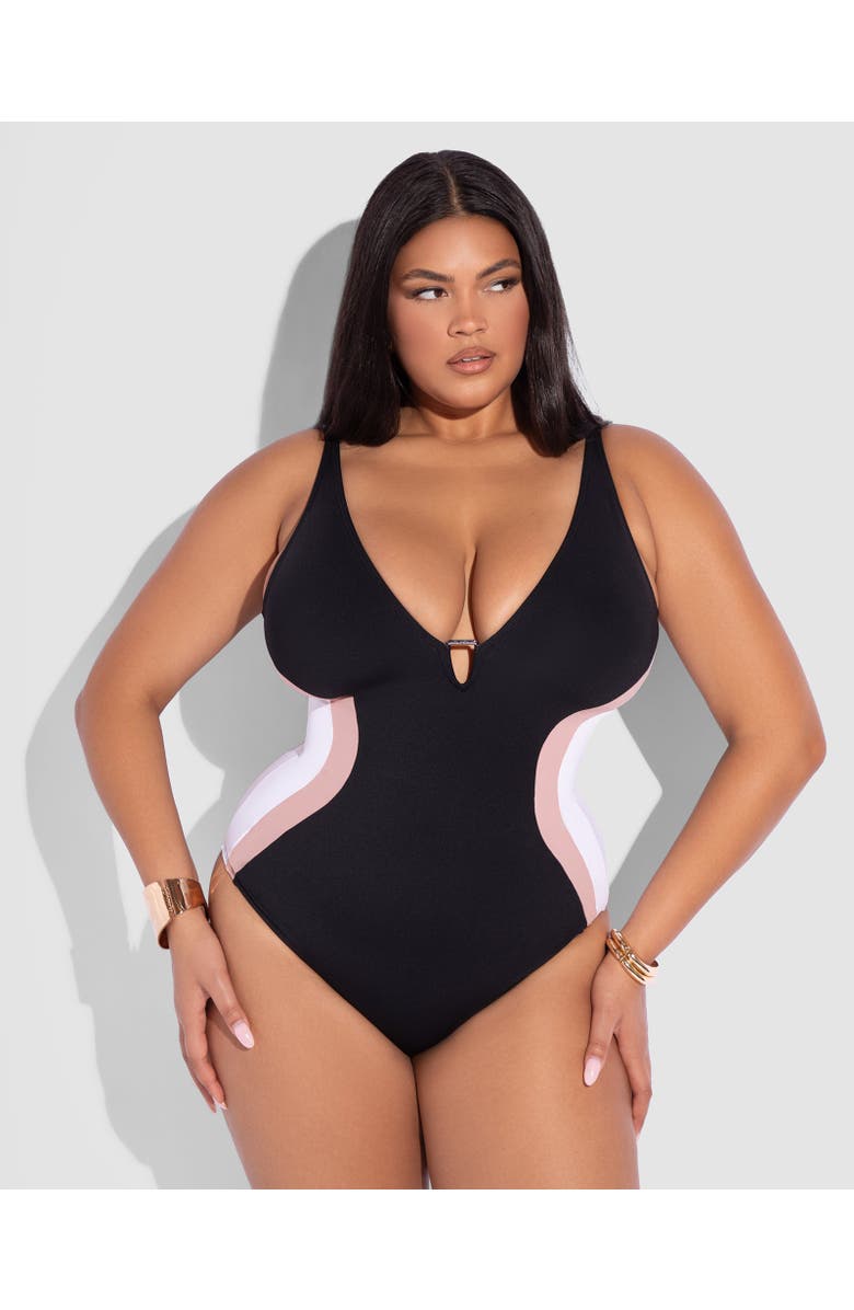 TA3 Mega Sculpting Plunge Neck Triangle Detail One-Piece Swimsuit, Alternate, color, Contour Black/Rose/White