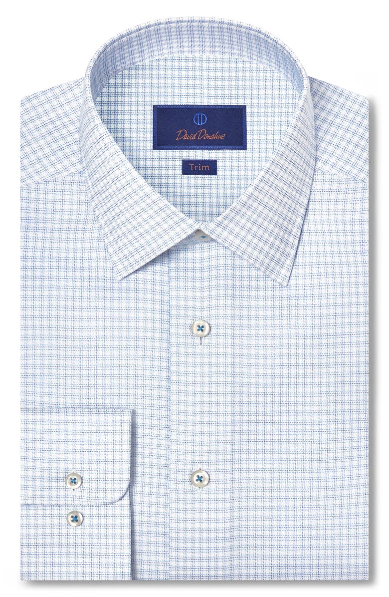 David Donahue Trim Fit Check Stretch Cotton Twill Dress Shirt, Main, color, White/Blue