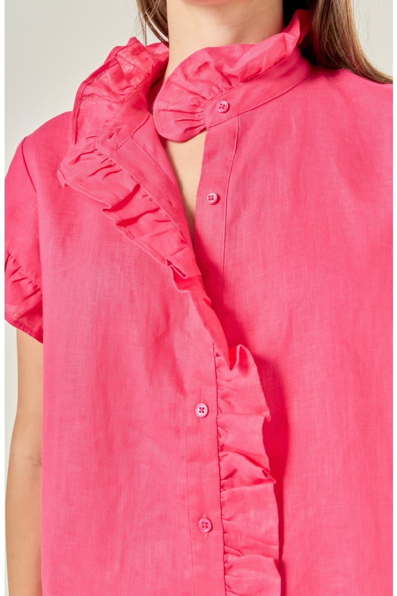 Ruffle Trim Linen Button-Up Shirt, Alternate, color, FUCHSIA