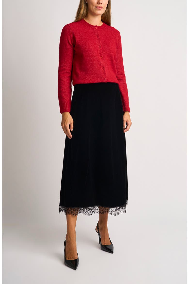Lace Trim Velvet Midi Skirt, Alternate, color, RICH BLACK 060