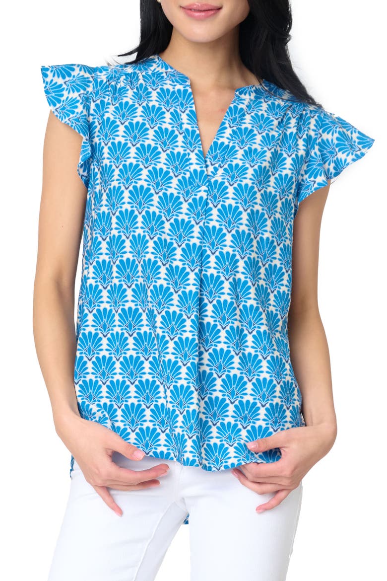 Notch Neck Flutter Sleeve High-Low Top, Main, color, BLUE MEDALLION PRINT