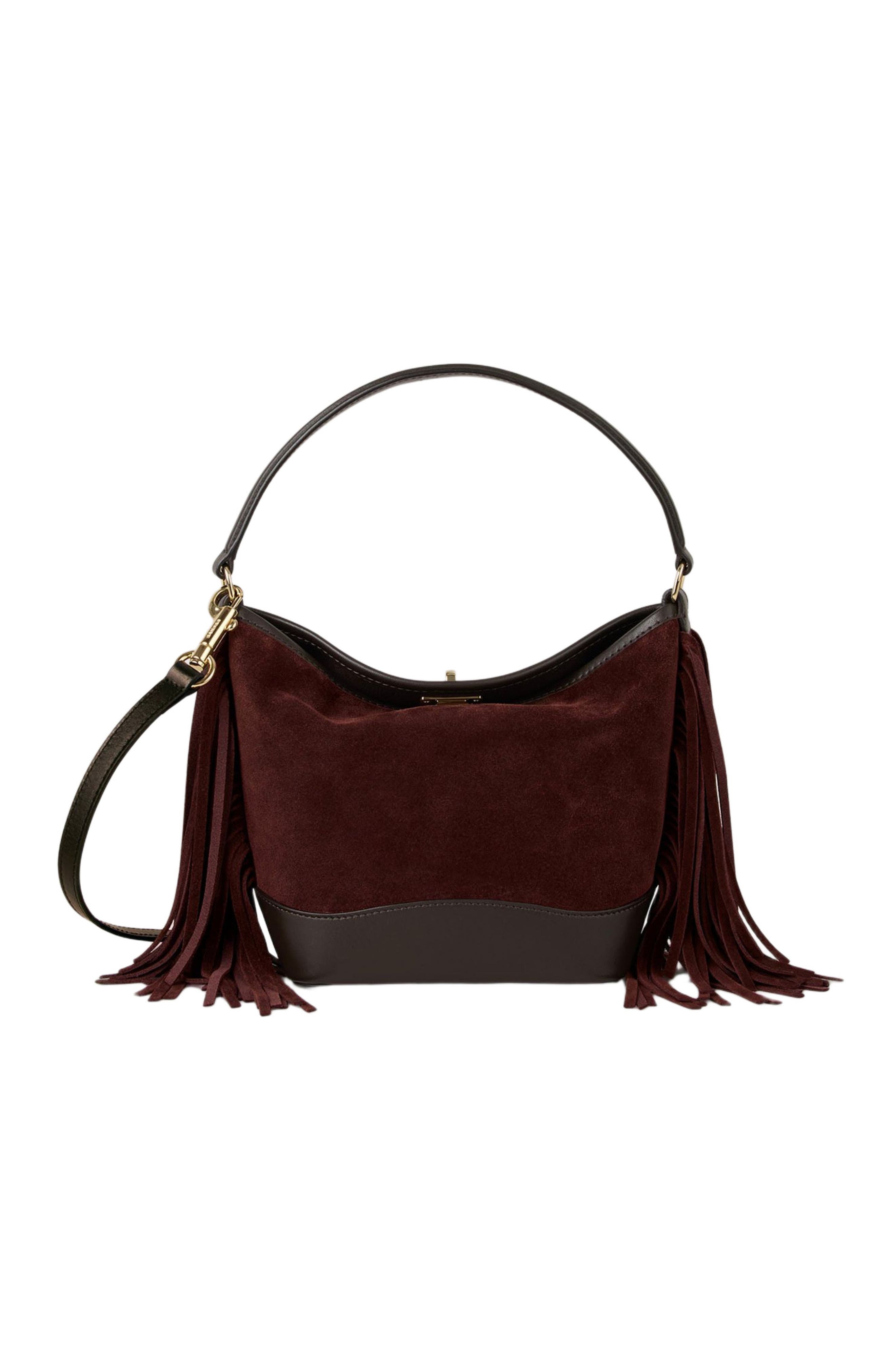 SANDRO TANGOSO fringed suede bag, Alternate, color, Mahogany