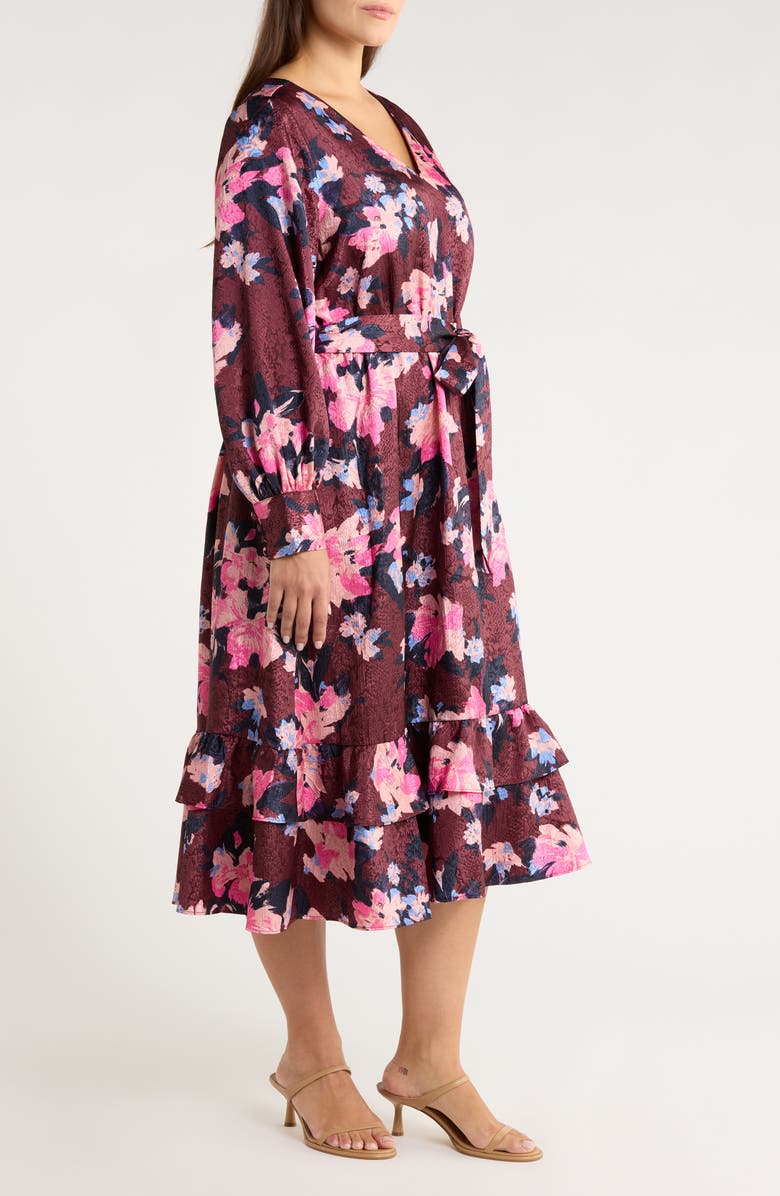 Caslon<sup>®</sup> Belted Long Sleeve Satin Midi Dress, Alternate, color, Burgundy- Blue Georgia Blooms