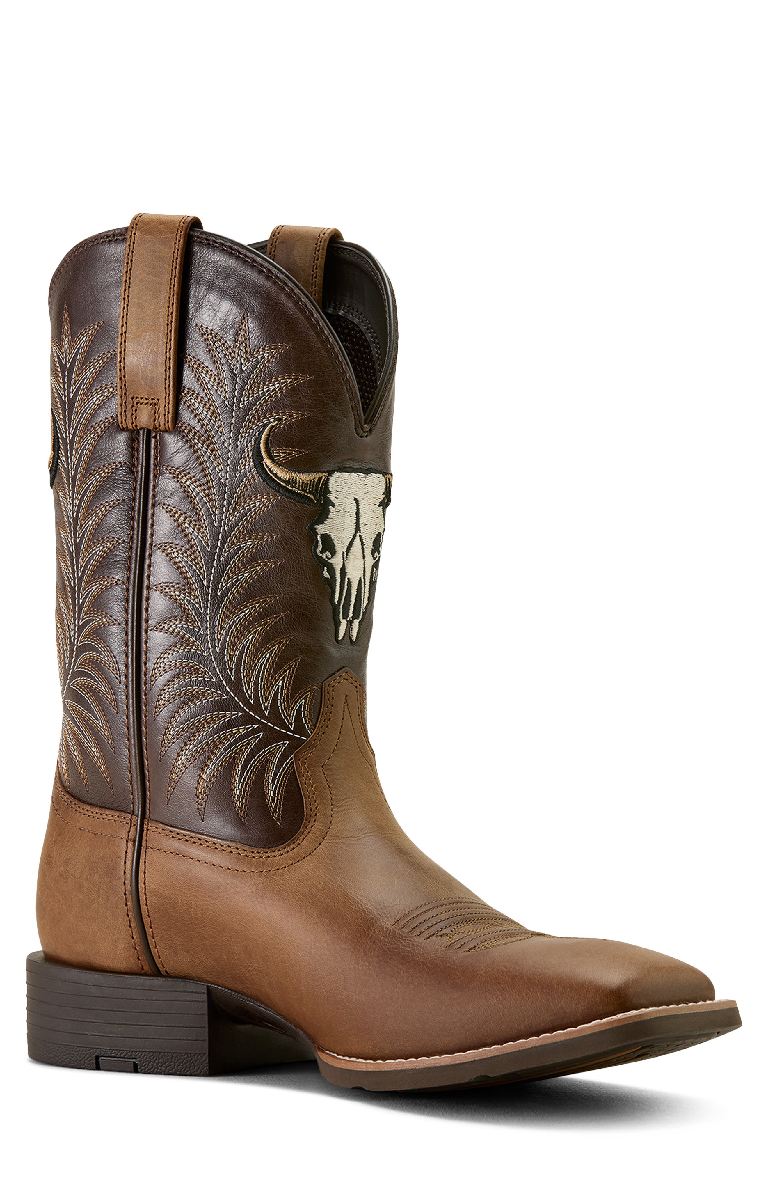 Ariat Sport Steer Skull Wide Square Toe Cowboy Boot, Main, color, Brown