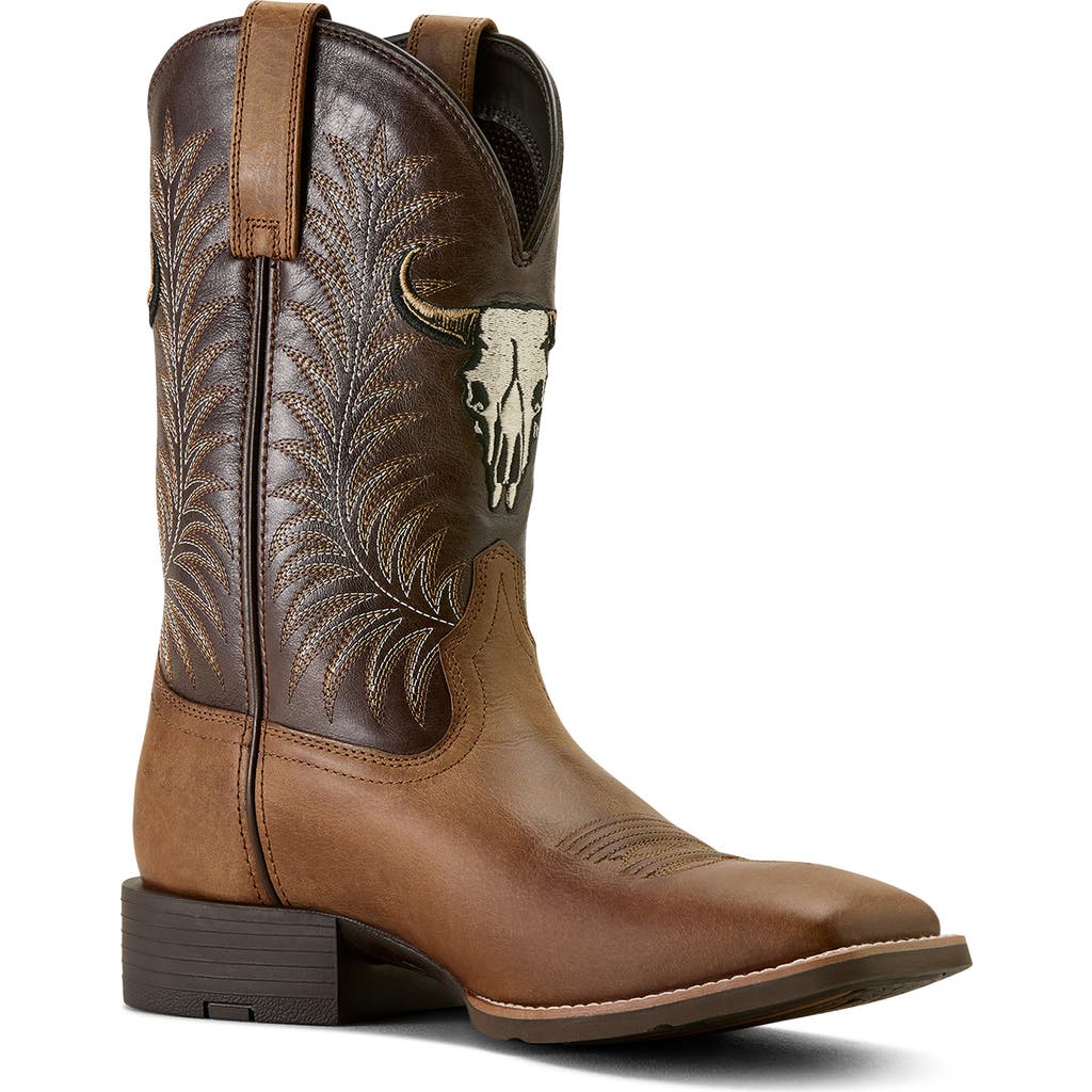 Ariat Sport Steer Skull Wide Square Toe Cowboy Boot In Brown