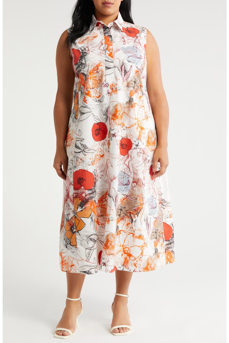 Rabat Floral Sleeveless Midi Shirtdress, Main, color, WHITE POPPY