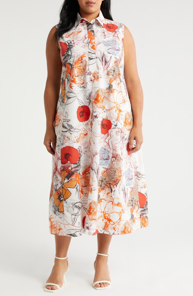 Marina Rinaldi Rabat Floral Sleeveless Midi Shirtdress, Main, color, 