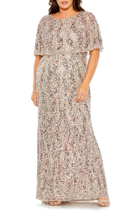 High-Neck Sequin Embellished Dress with Semi-Sheer Cape Sleeves