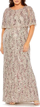 FABULOUSS BY MAC DUGGAL High-Neck Sequin Embellished Dress with Semi-Sheer Cape Sleeves