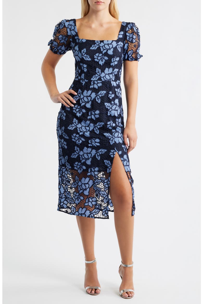 sam edelman women's cap-sleeve side-slit midi dress Denim Embroidery Midi Dress (Women)