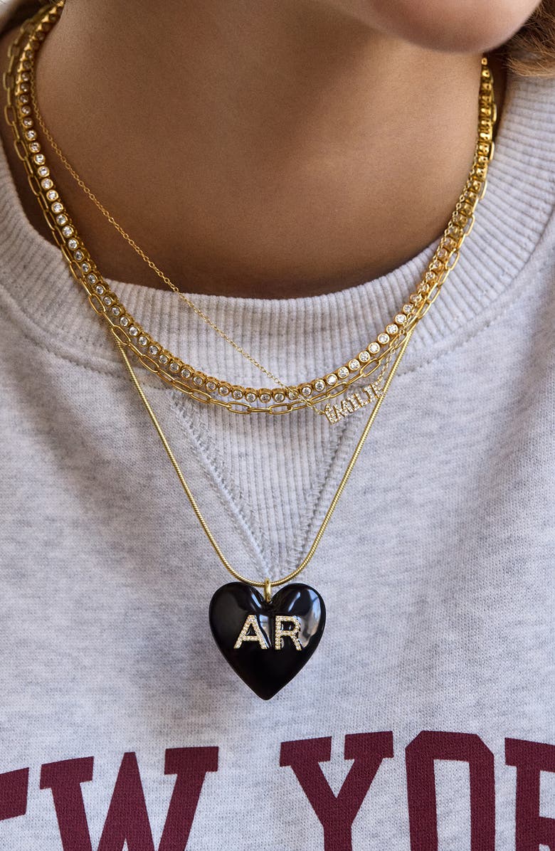 BaubleBar Custom Initial Enamel Heart Pendant, Alternate, color, Black