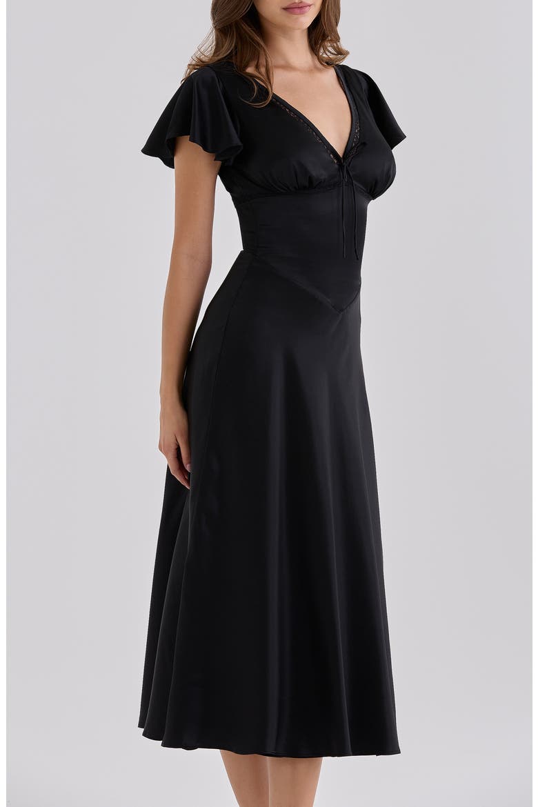 Ravella Silk V-Neck Midi Dress, Alternate, color, BLACK