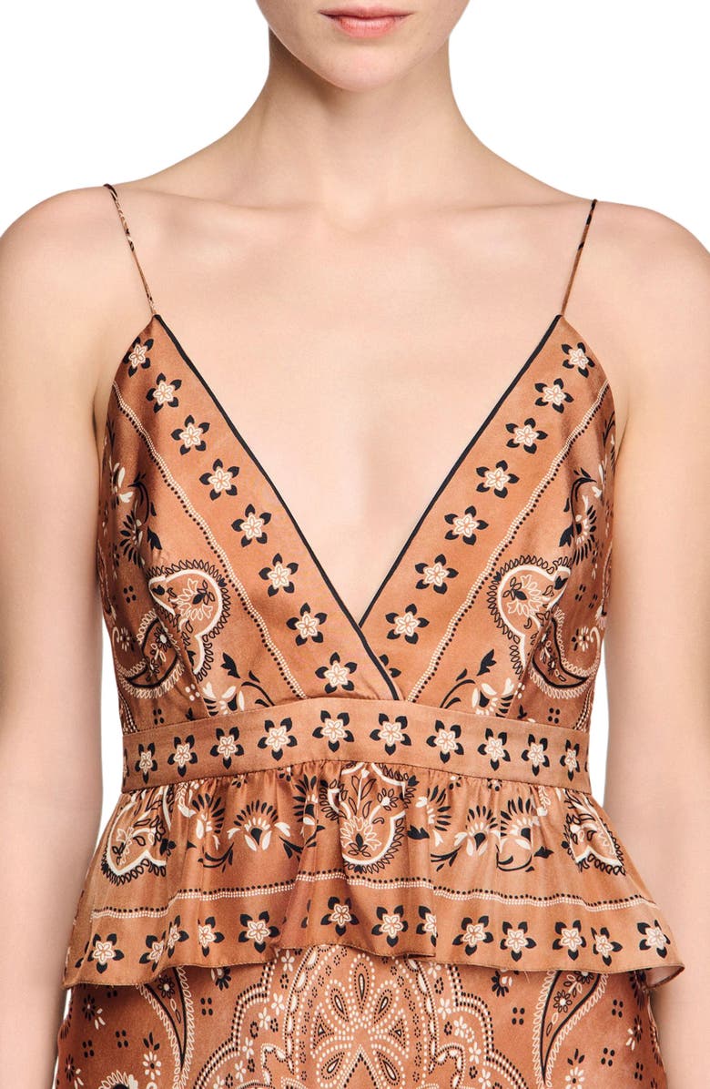 SANDRO Bandana-print maxi dress, Alternate, color, Brown / Black