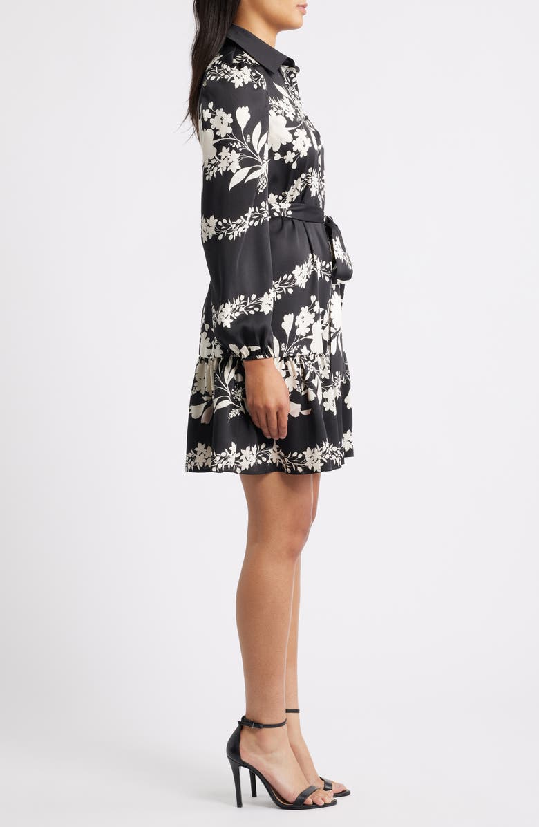 Anne Klein Floral Long Sleeve Tiered Shirtdress, Alternate, color, Anne Black/ Swan White