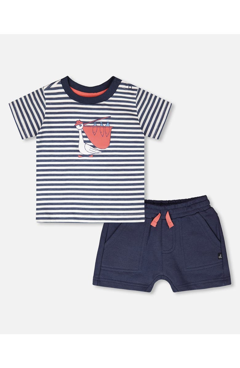 Deux par Deux Organic Cotton Stripes T-Shirt and Short Set, Main, color, Blue Stripes And Blue