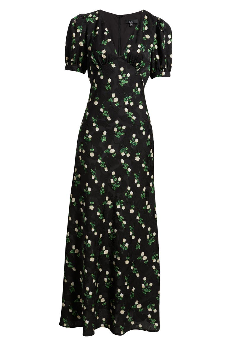 Milan Floral Print Satin Gown, Alternate, color, BLACK FLORAL