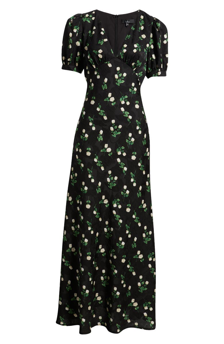 Lulus Milan Floral Print Satin Gown, Alternate, color, Black Floral