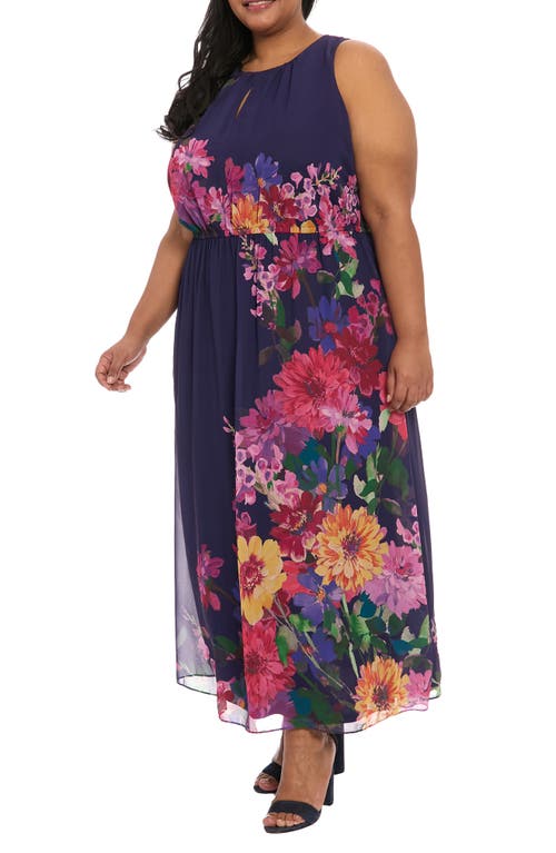 Shop London Times Floral Keyhole Maxi Dress In Navy/coral