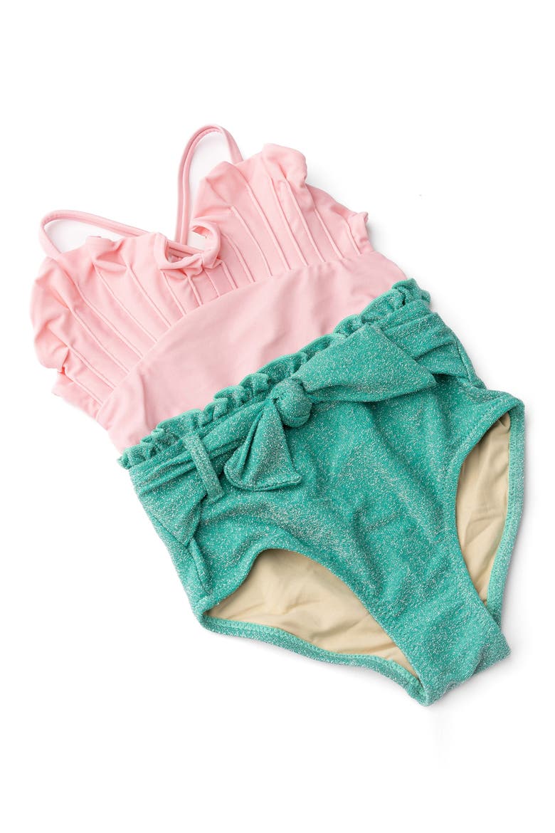 Kids' Metallic Ruffle Tie Belt One-Piece Swimsuit, Alternate, color, MULTI