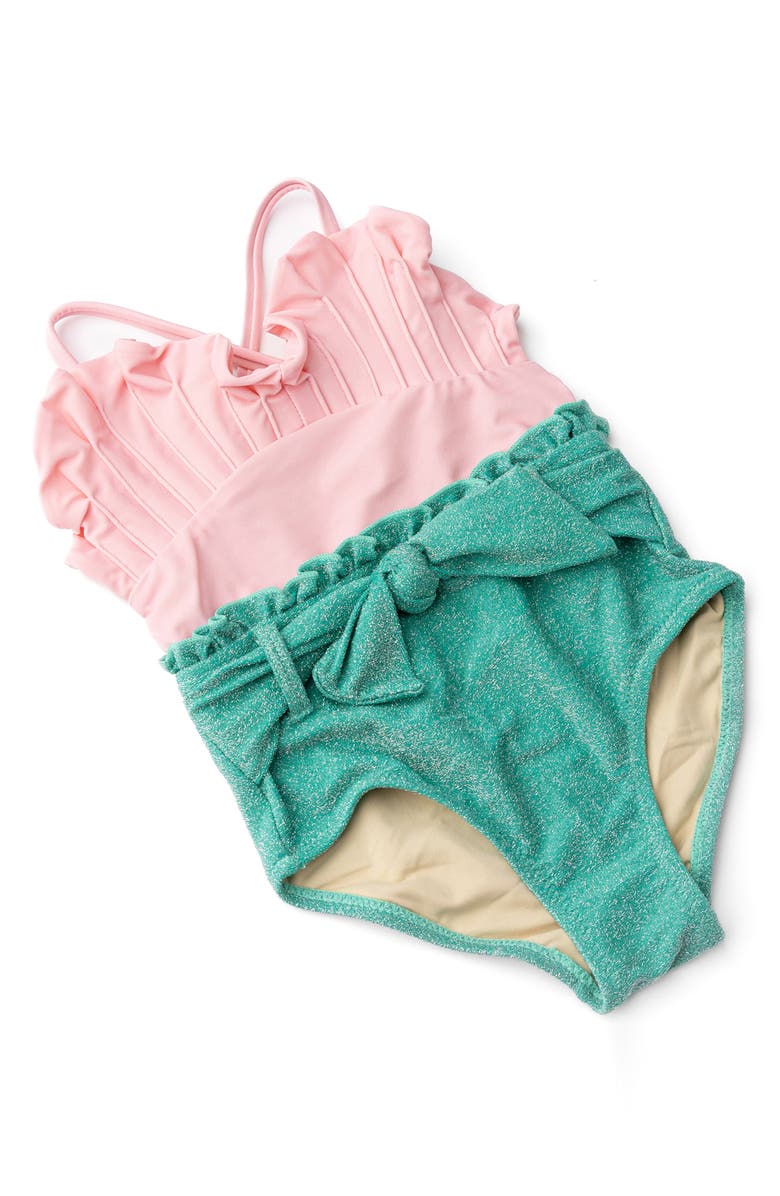 Shade Critters Kids' Metallic Ruffle Tie Belt One-Piece Swimsuit, Alternate, color, Multi