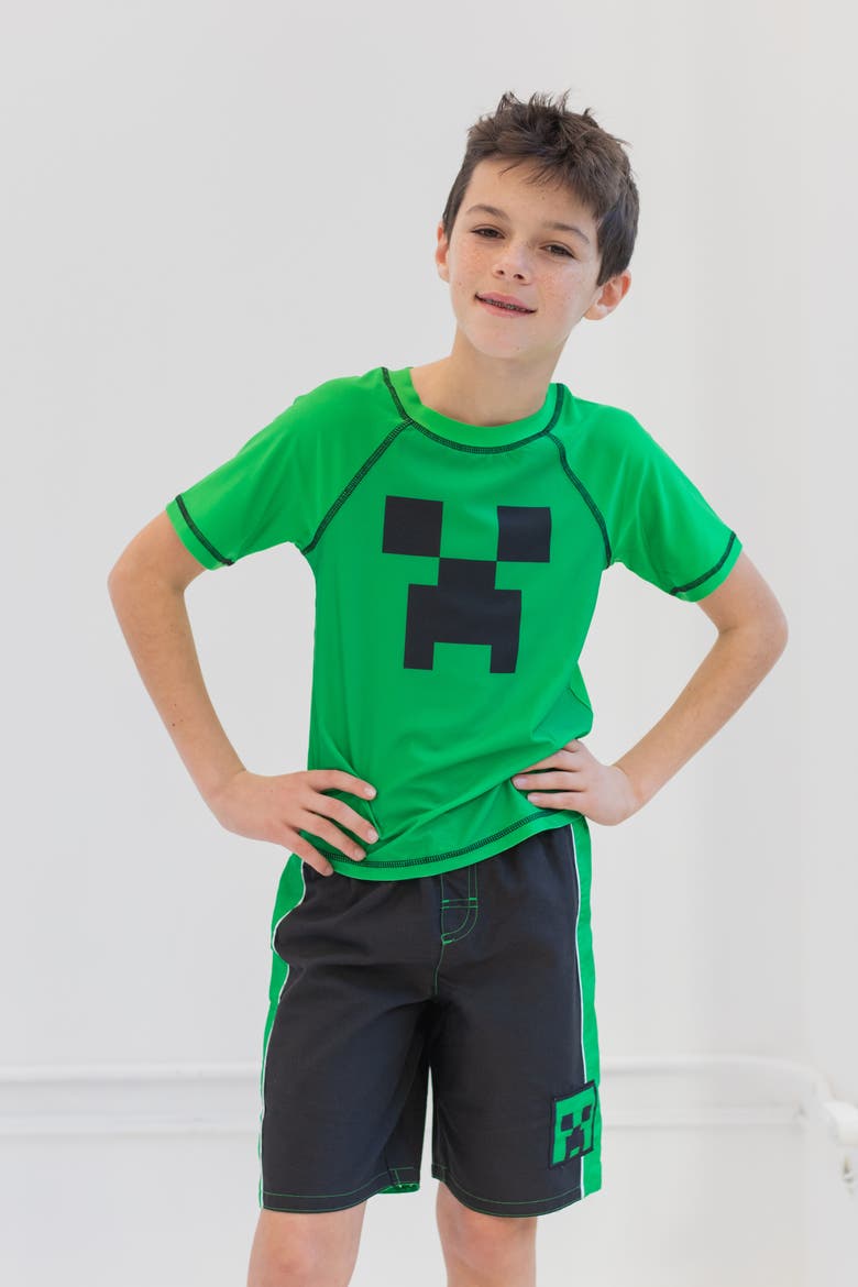 Swimwear 2-piece Rash Guard And Swim Trunks Set (little Kid & Big Kid), Alternate, color, Creeper Green Black
