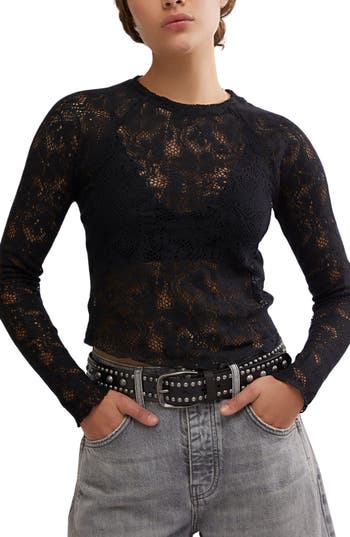 Free People In The Meadow Semisheer Cotton Blend Lace T-shirt In Black