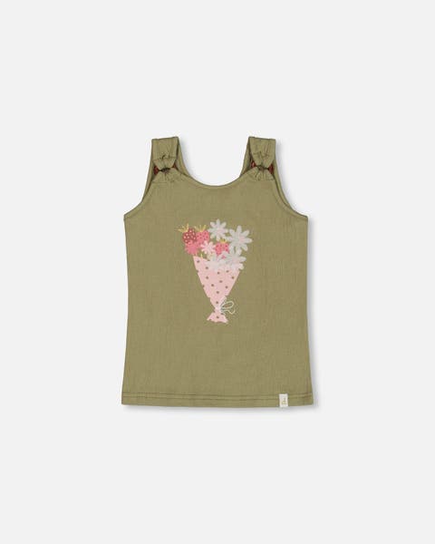 Little Girl's Crinkle Jersey Tank Top Floral Olive Green