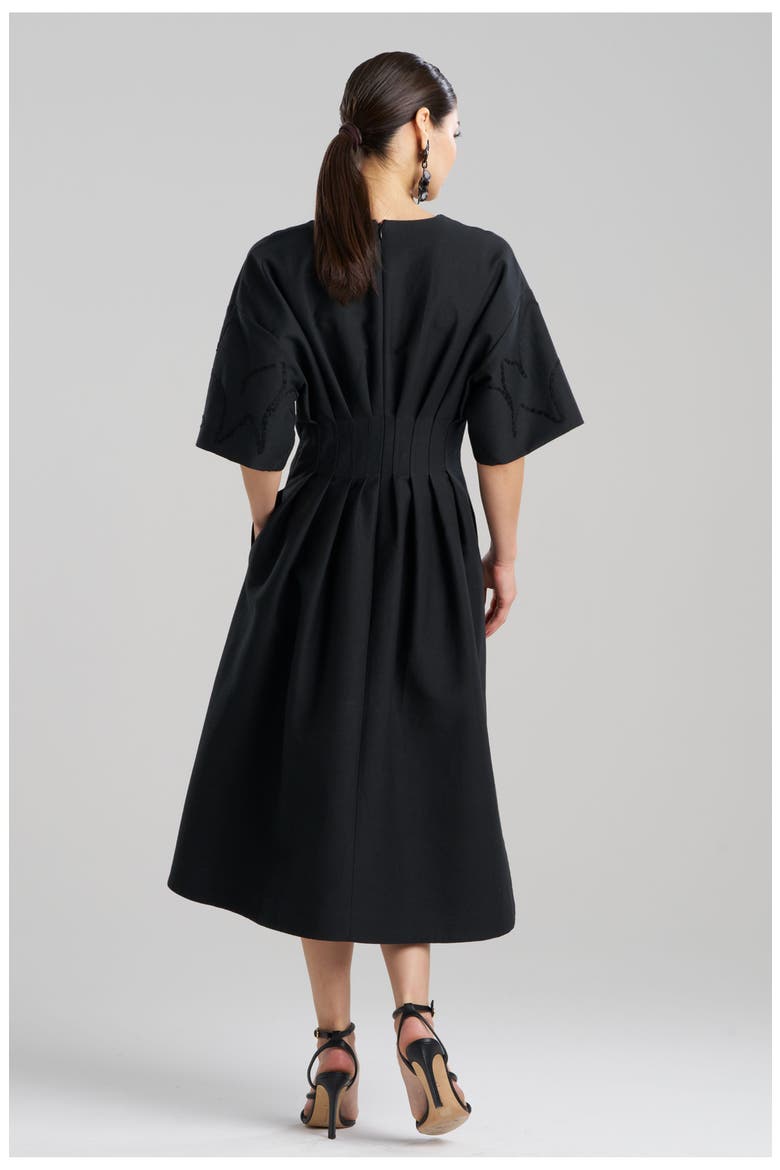 CANVAS V-Neck Pleat Release Dress with Embroidery, Alternate, color, BLACK