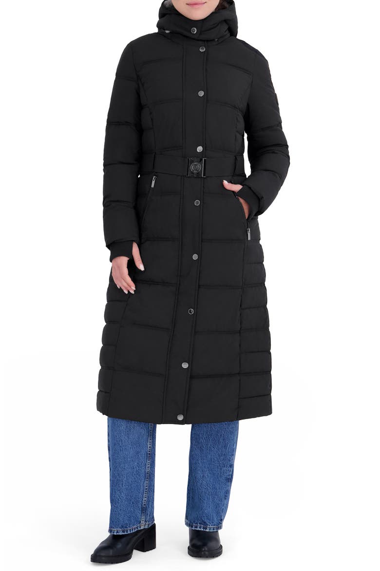 Water Resistant Hooded Maxi Puffer Coat, Main, color, BLK