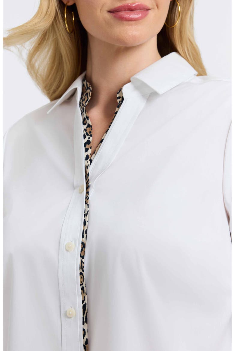 Marlee Leopard Trim Cotton Blend Button-Up Shirt, Alternate, color, WHITE