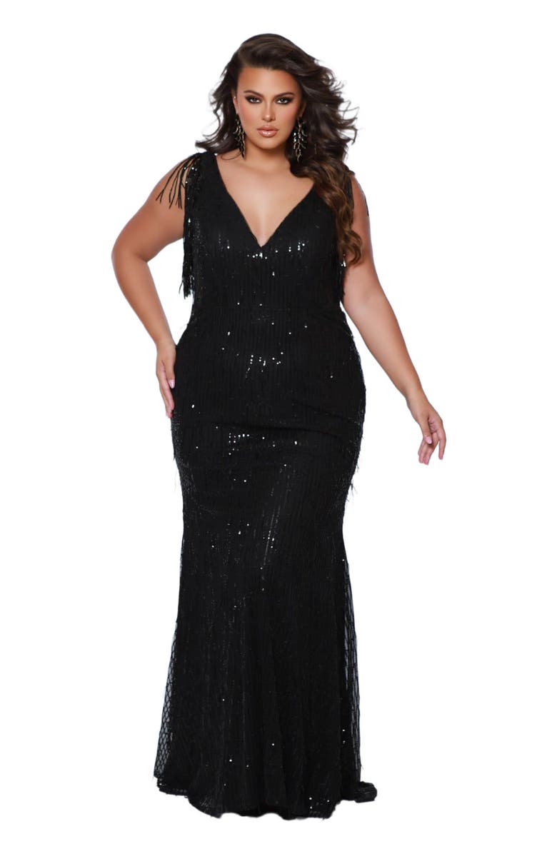 Sydney's Closet V-Neck Long Fitted Plus Size Sequin Fringe Formal Gown, Main, color,