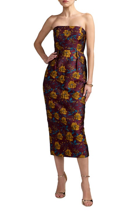 Floral Brocade Strapless Fitted Midi Dress