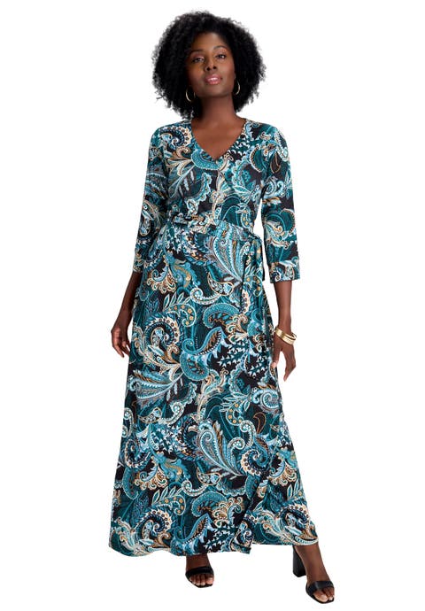 Stretch Knit Faux Wrap Maxi Dress (Plus Available)