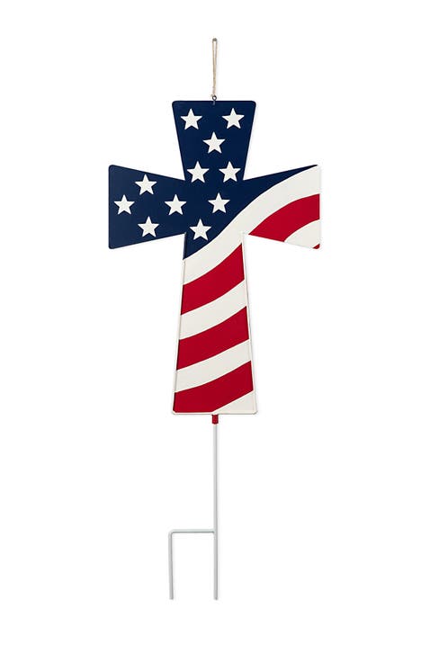 Patriotic Americana Double Sided Metal Cross Yard Stake or Wall Decor