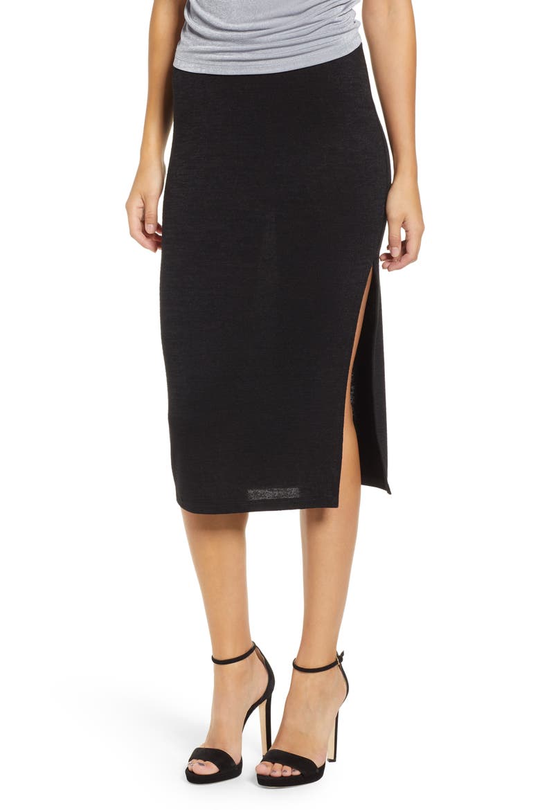 High Slit Marled Midi Skirt, Main, color, BLACK