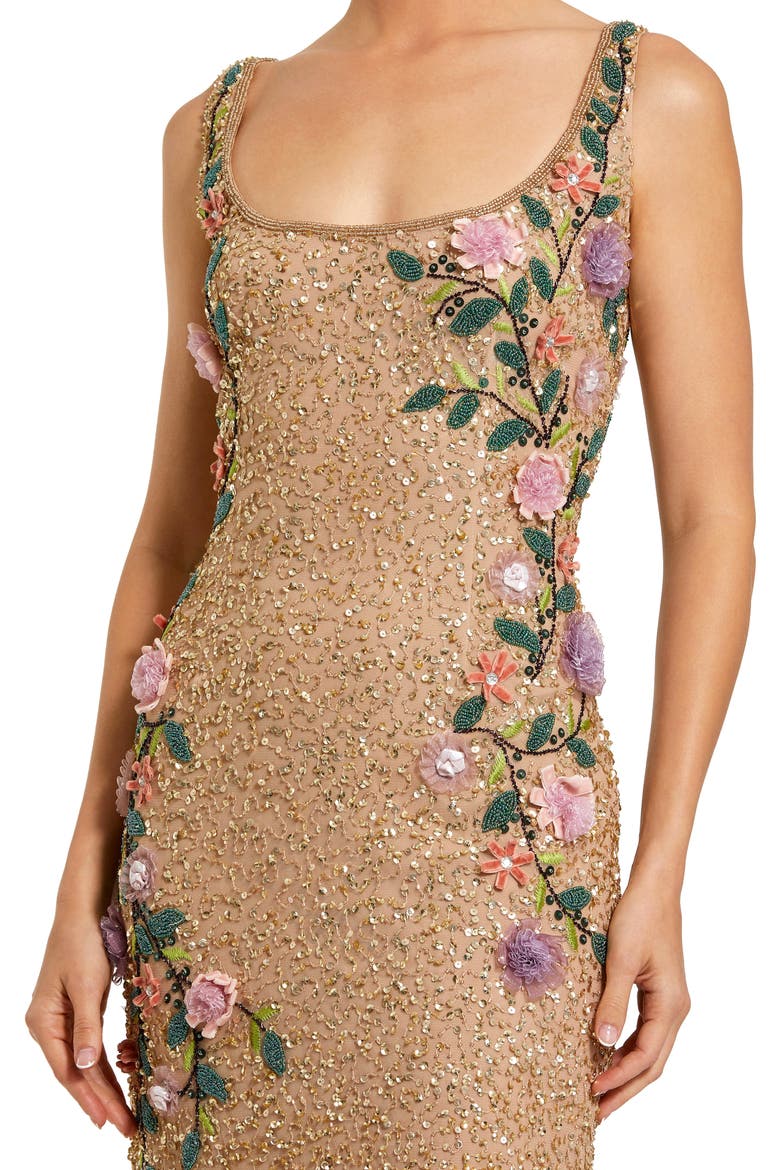 Embellished Mesh Gown with Scoop Neck and Floral Beading, Alternate, color, Gold Multi